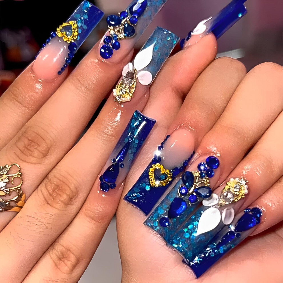 Press On Nails Extra Short Acrylic Fake Nails with Rhinestones 24pcs Reusable Set