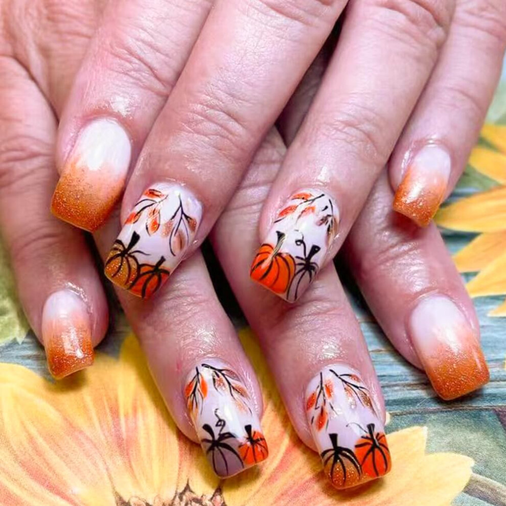 Orange Short Square Press On Nails Autumn Maple Leaf Fake Nails With Glitter Pumpkins 24Pcs