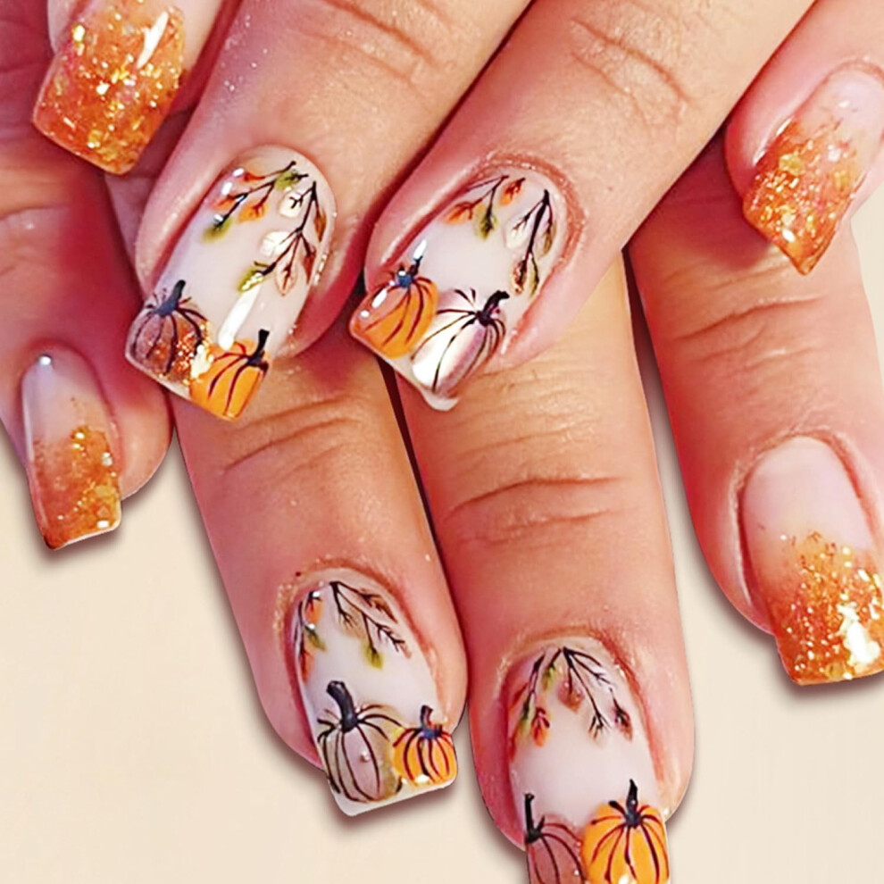 Fall Maple Leaf Press On Nails Short Square Fake Nails Autumn Glitter Thanksgiving Manicure Kit 24Pcs