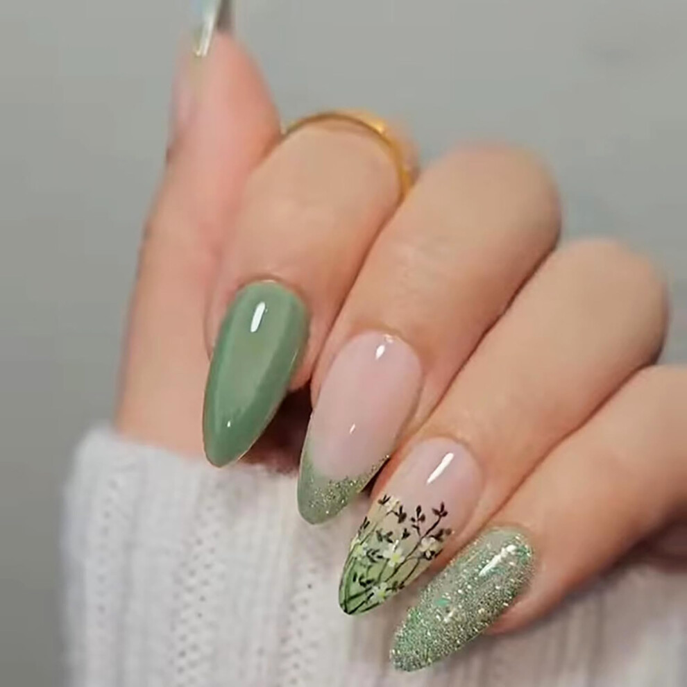 24Pcs Medium Almond Press on Nails Floral Glitter Fake Nails with Glue Reusable Elegant Design