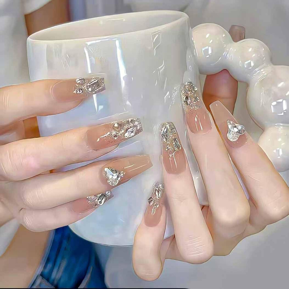 Cream Long Nude Coffin Press On Nails With 3D Rhinestones, Reusable Salonstyle Set 24Pcs