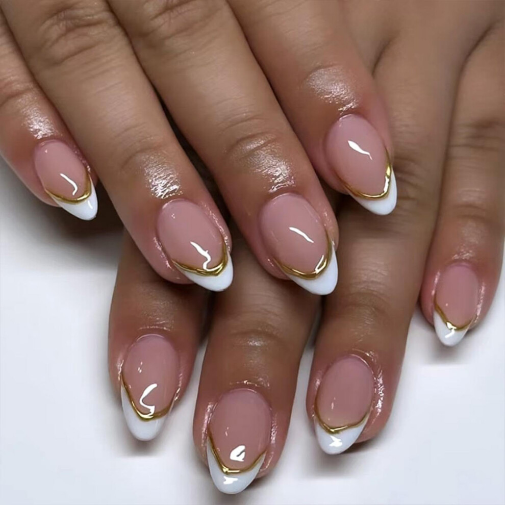 Cream,Gold French Tip Press On Nails Medium Almond Shape Nude Glossy False Nails With Gold Stripes 24Pcs