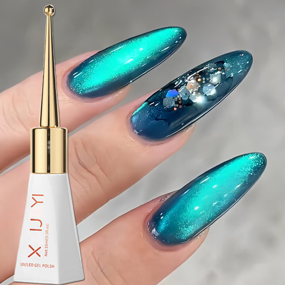Blue Holographic Cat Eye Gel Nail Polish With Magnetic Multichrome Effect And Glossy Glitter Shine