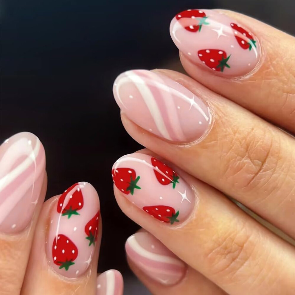 Short Oval Press on Nails 24pcs Strawberry Design Glossy Acrylic Fake Nails for Women and Girls