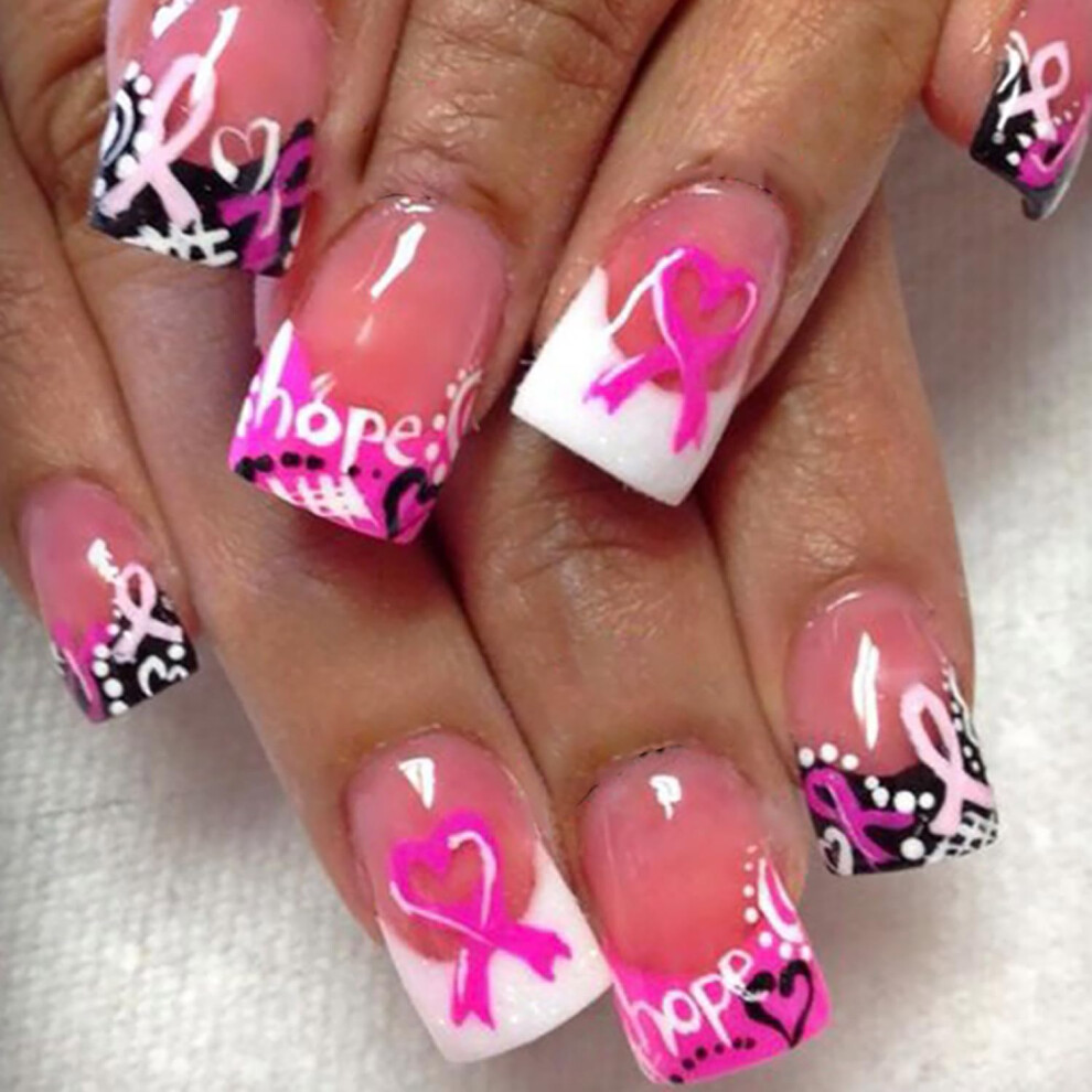 Pink Ribbon Press On Nails Square French Tip Acrylic Set 24Pcs For Breast Awareness