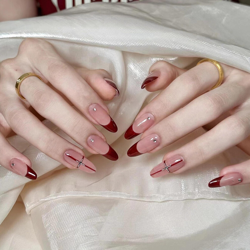 Red Stiletto Press on Nails with Rhinestones, Medium French Tip Acrylic False Nails 24pcs