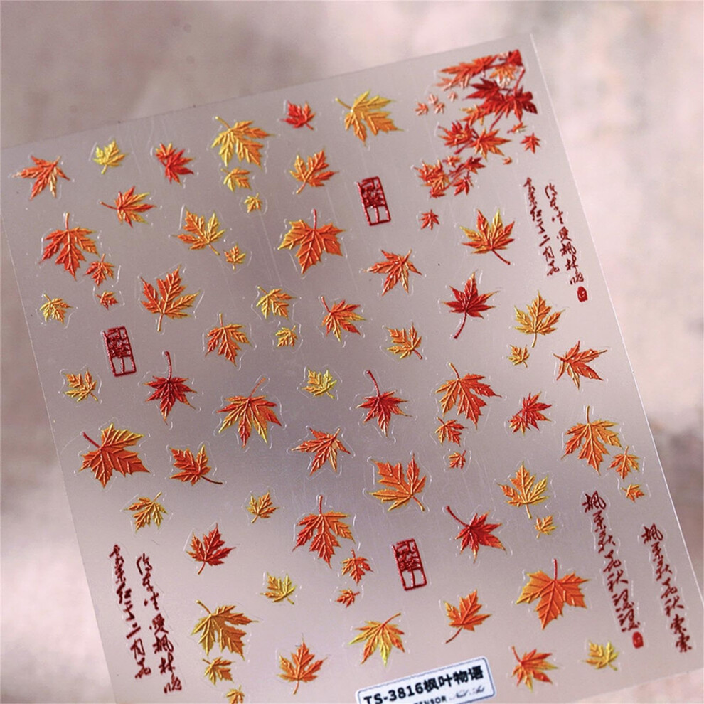 Gold 5D Maple Leaf Nail Art Stickers With Shiny Finish, Autumn Self Adhesive Nail Decals