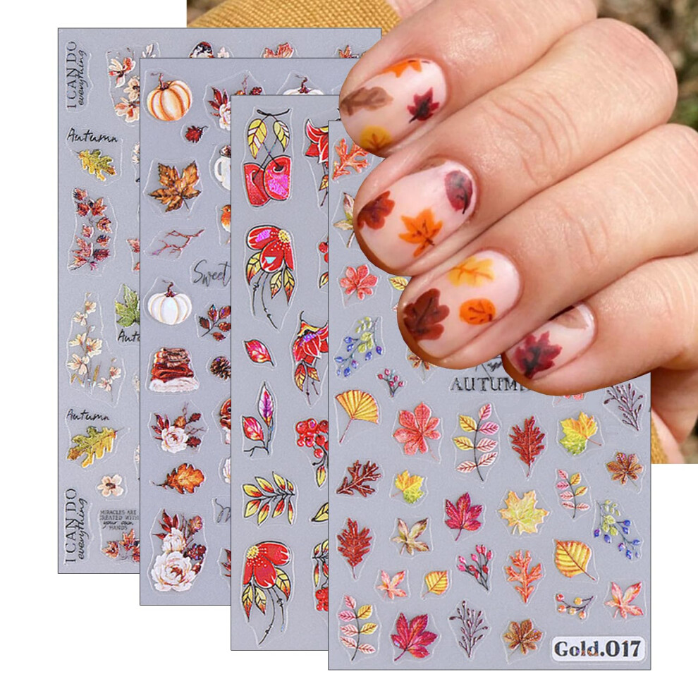 Fall Nail Stickers 5D Embossed Maple Leaf Pumpkin Squirrel Autumn Nail Art Decorations, 4pcs