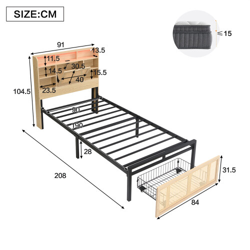 Single Bed with PE Rattan Drawer & LED Lighting 1