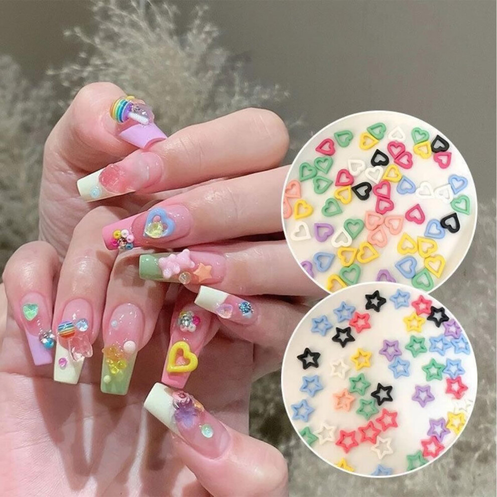 200Pcs 3D Hollow Heart Star Nail Art Charms Kawaii Resin Decorations for Acrylic Nails