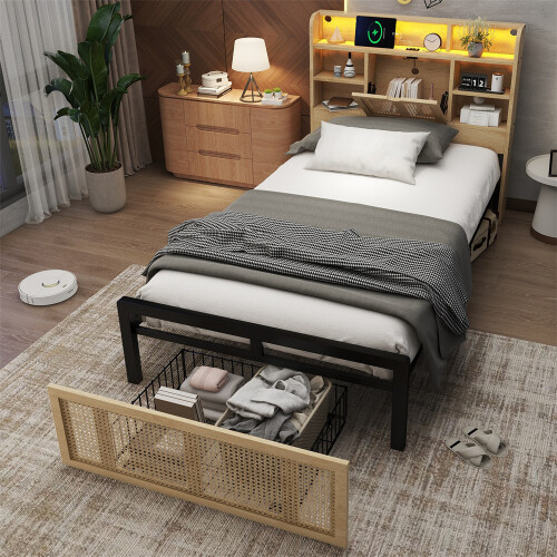 Single Bed with PE Rattan Drawer & LED Lighting 2