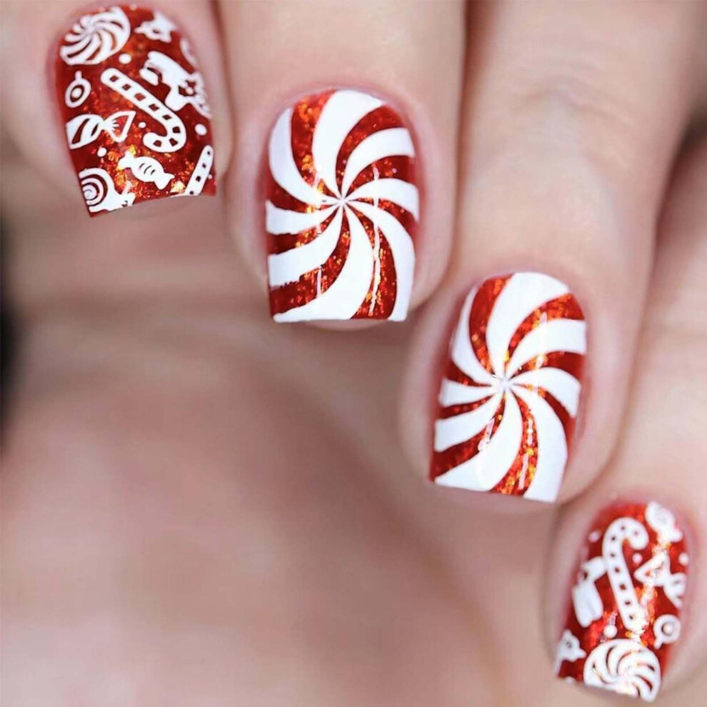 Red Christmas Press On Nails Set With Candy Cane Swirl, Short Acrylic False Nails 24Pcs