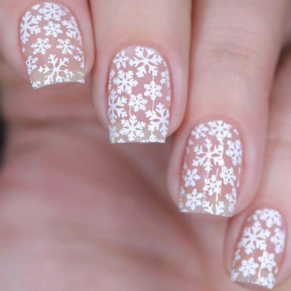 Christmas Press On Nails Short Square Fake Nails with Festive Snowflake Design Acrylic 24Pcs