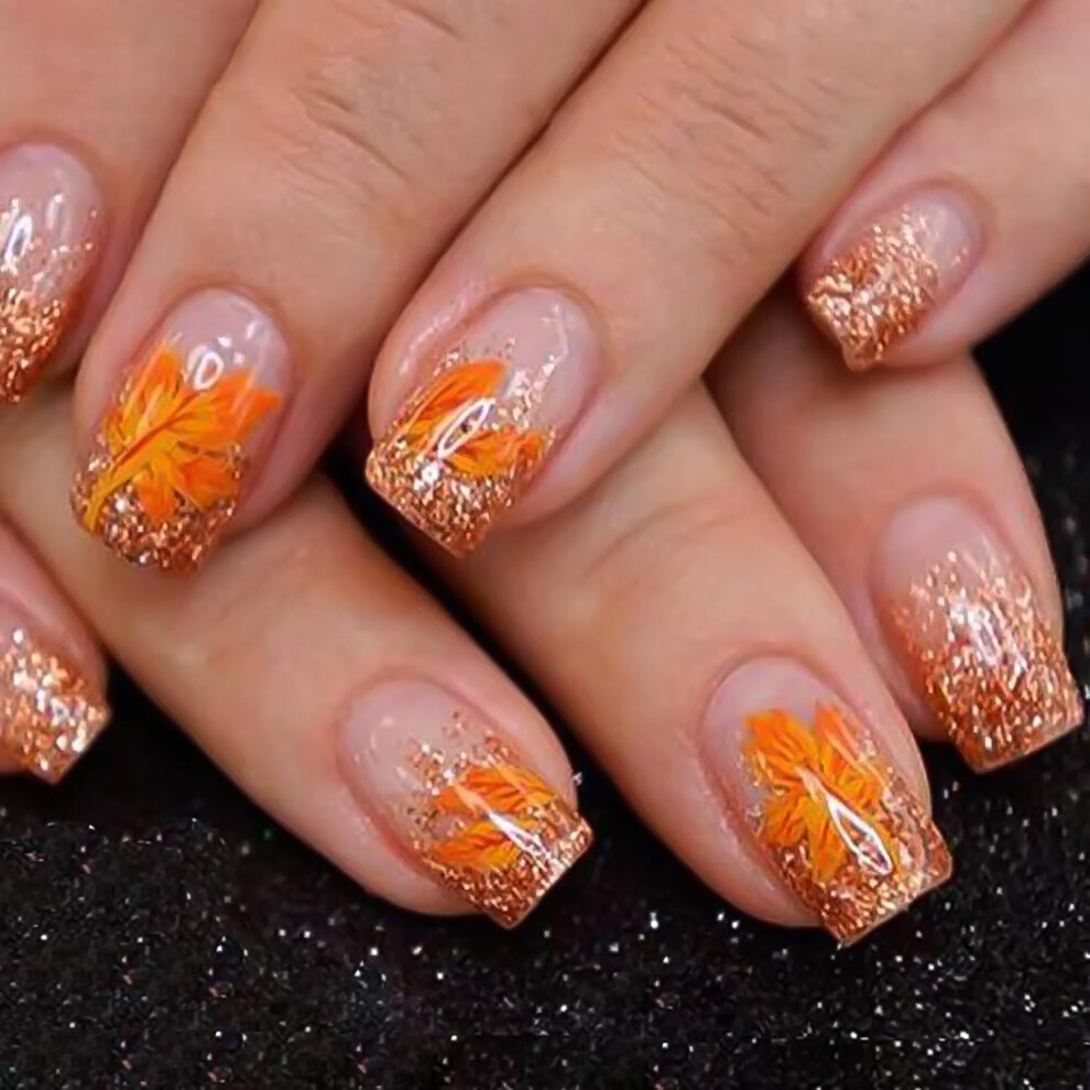 Maple Leaf Press On Nails Short Coffin Fake Acrylic Nails Fall Glitter Thanksgiving Nail Set