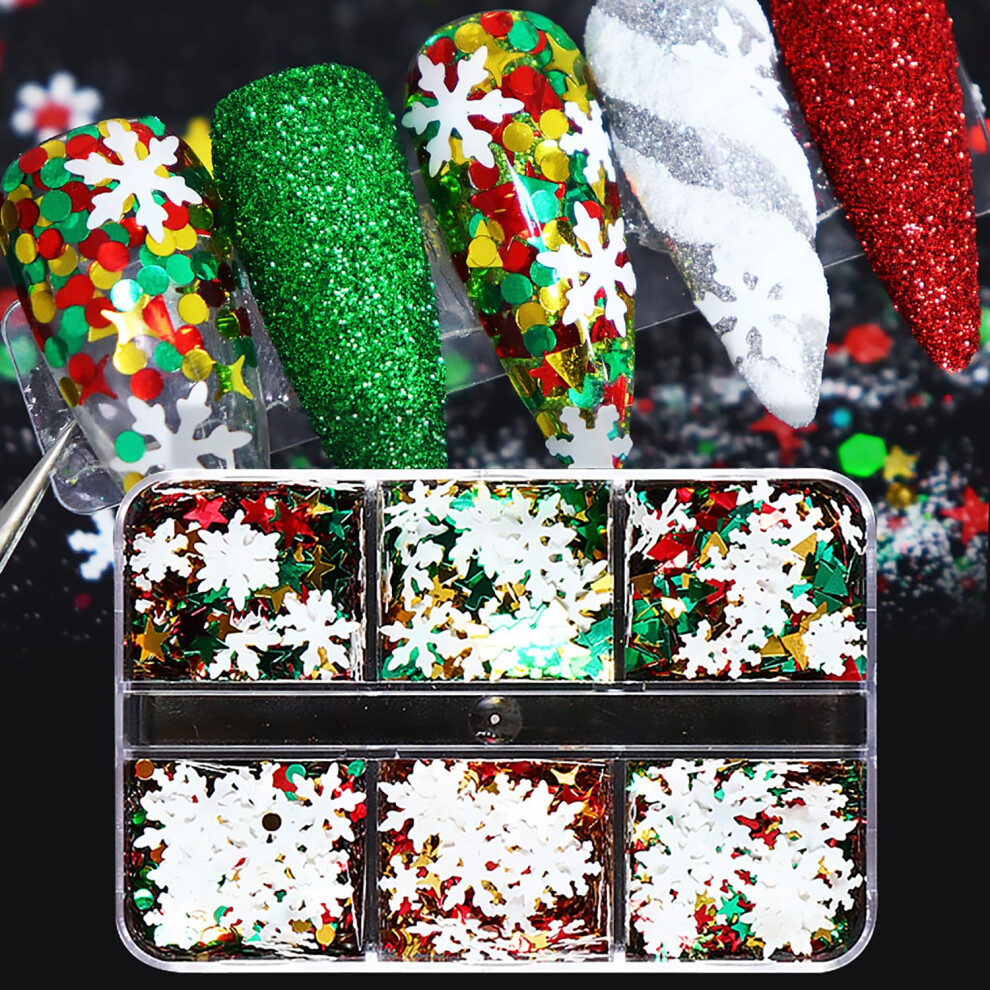 Christmas Nail Art Decorations 6 Grids 3D Holographic Snowflake Glitter Sequins with Tree and Star Charms for Acrylic Nails