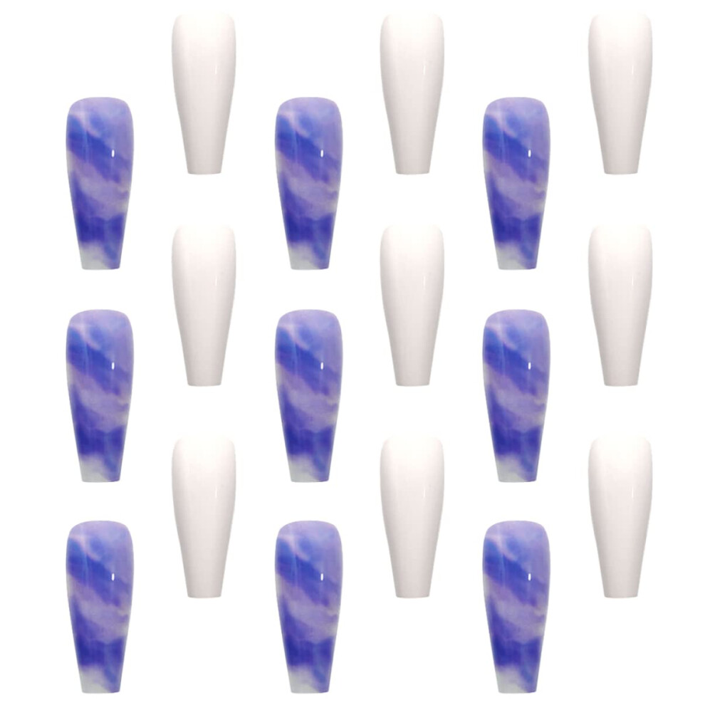 Blue Long Gradient Press On Nails Uv Coated Glossy Full Cover False Nails With Nail Art Stickers
