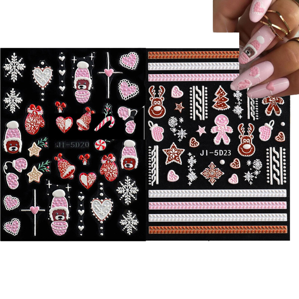 Pink 5D Embossed Christmas Nail Art Stickers Selfadhesive Snowflake Santa Decals For Holiday Diy Manicure (Pink)