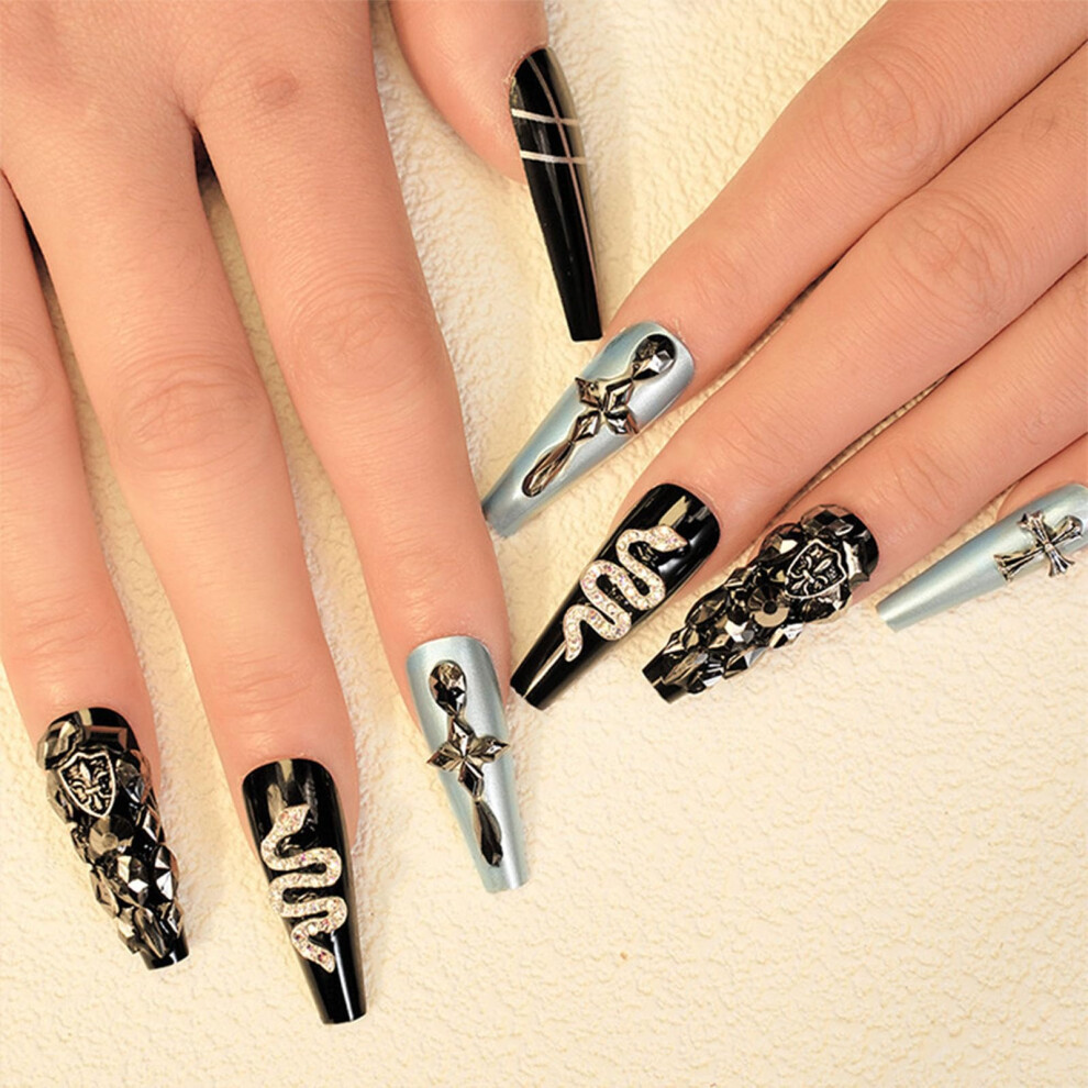 Long Square Press on Nails with Rhinestones French Tip Reusable Acrylic False Nails 24pcs Black