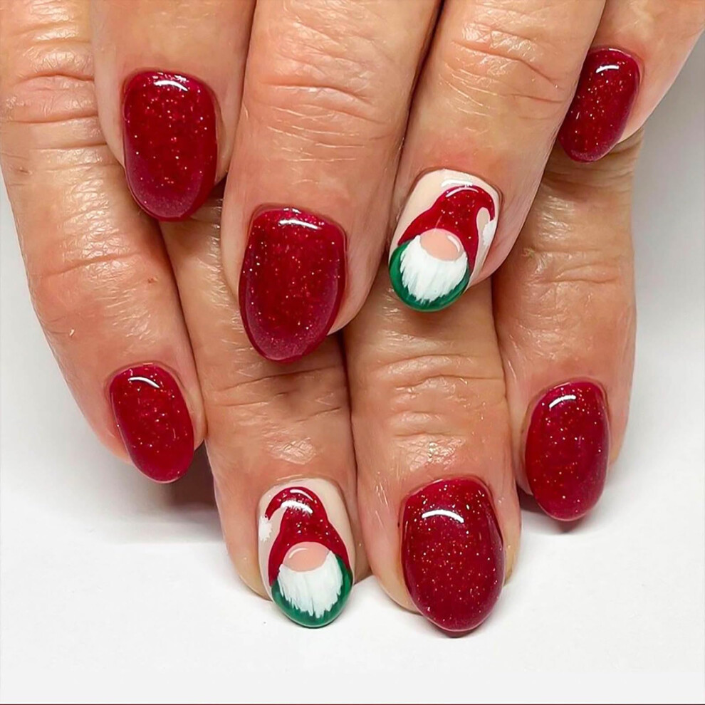 Red Christmas Short Almond Press On Nails Set Sparkly Glossy Acrylic Fake Nails With Santa Designs