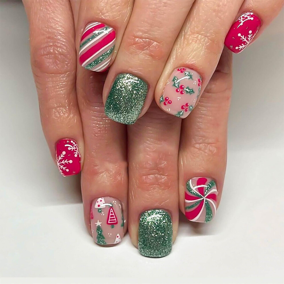 Green Christmas Press On Nails Short Square Glitter Fake Nails With Snowflake Design 24Pcs