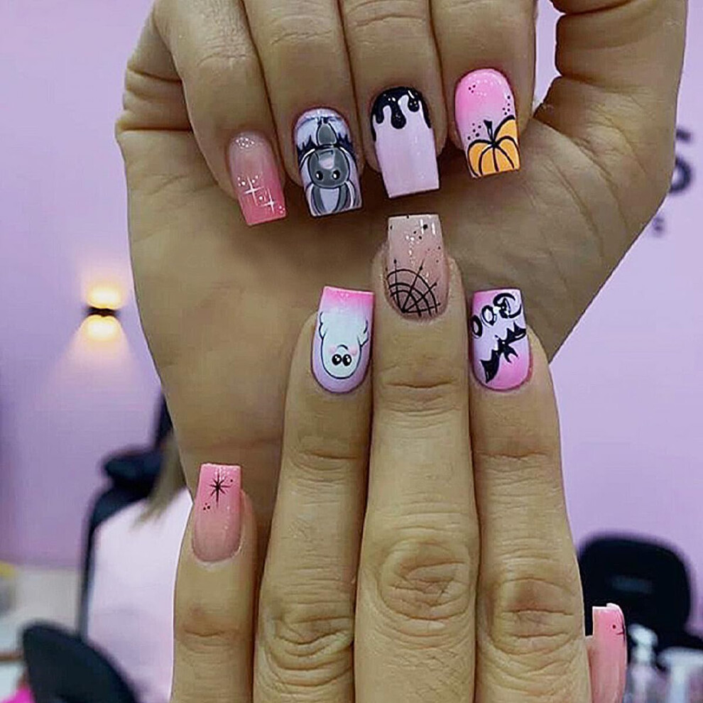 Pink Halloween Press On Nails Medium Square Acrylic False Nails With Pumpkin Spider Web Bat Designs 24Pcs