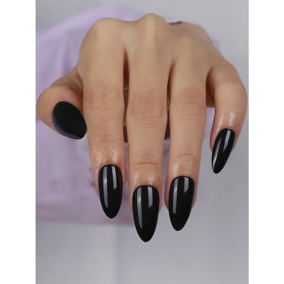 Black Press On Nails Almond Shape 30Pcs Medium Glossy Fake Nails With Glue, 15 Sizes Salon Quality