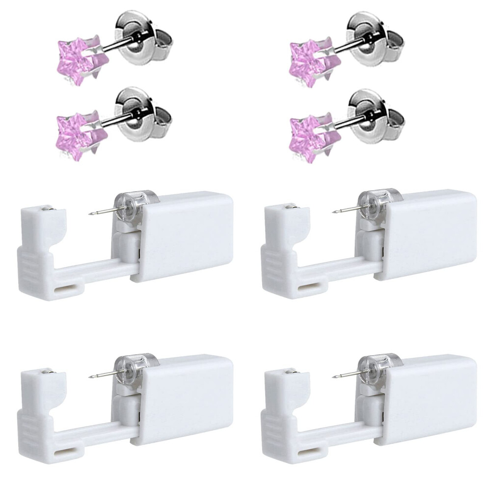 4 Pack Ear Piercing Kit with Disposable Sterile Guns, Painless Fast Action, 4mm Nickel Studs Pentagonal Pink