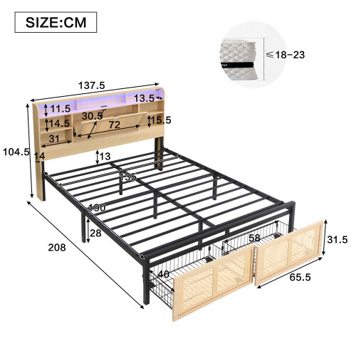 Double Bed with PE Rattan Drawer & LED Lighting 1