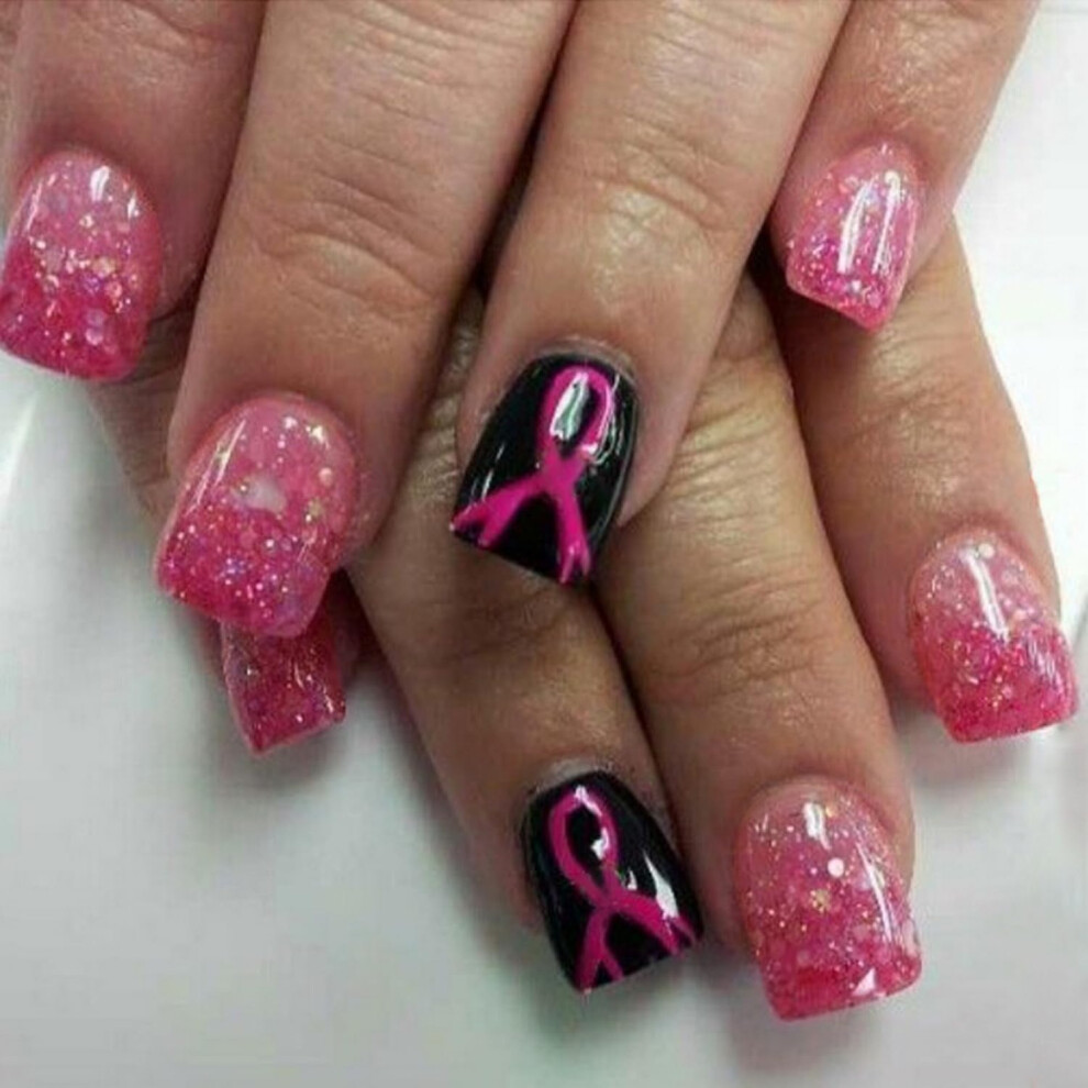 Pink Breast Awareness Press On Nails Ribbon Short Square Glitter Acrylic Fake Nails For Women