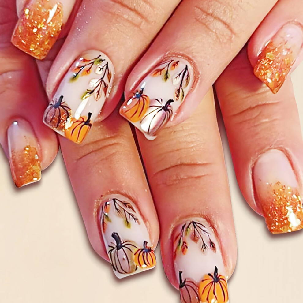 Gold Thanksgiving Press On Nails Set 24Pcs Fall Coffin Leaf Glitter Fake Nails With Glue Full Cover