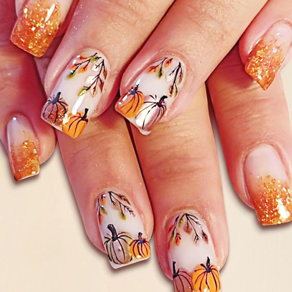 Thanksgiving Press on Nails Short Square with Autumn Pumpkin Maple Leaf Design, 24Pcs Fake Nails