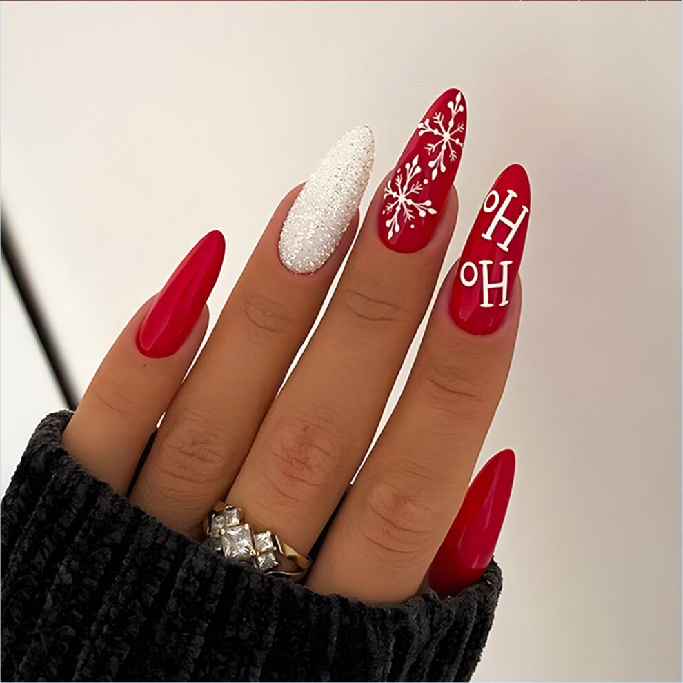 Red Christmas Press On Nails Almond Shape With Snowflake And Silver Glitter For Women 24Pcs