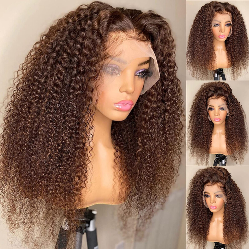 Unisex Black,Brown 13X6 Hd Lace Front Kinky Curly Human Hair Wig For Black Women Brown 16 Inch Pre Plucked Glueless Wig 150% Density
