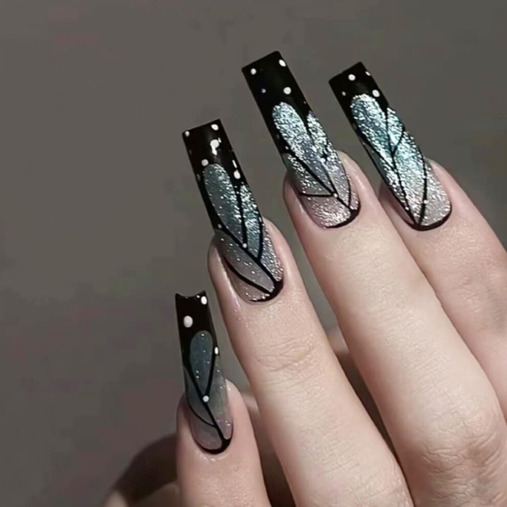 Black and Green Glitter Press on Nails Short Square Fake Acrylic Nails for Wedding LongLasting Wear