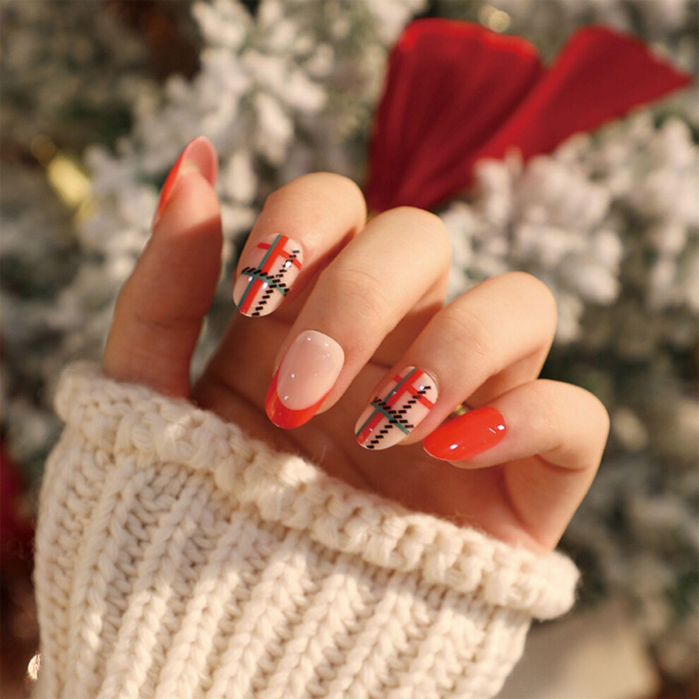 Press On Nails 24Pcs Medium Almond Christmas Plaid Acrylic False Nails with Glue,  Gloss Finish