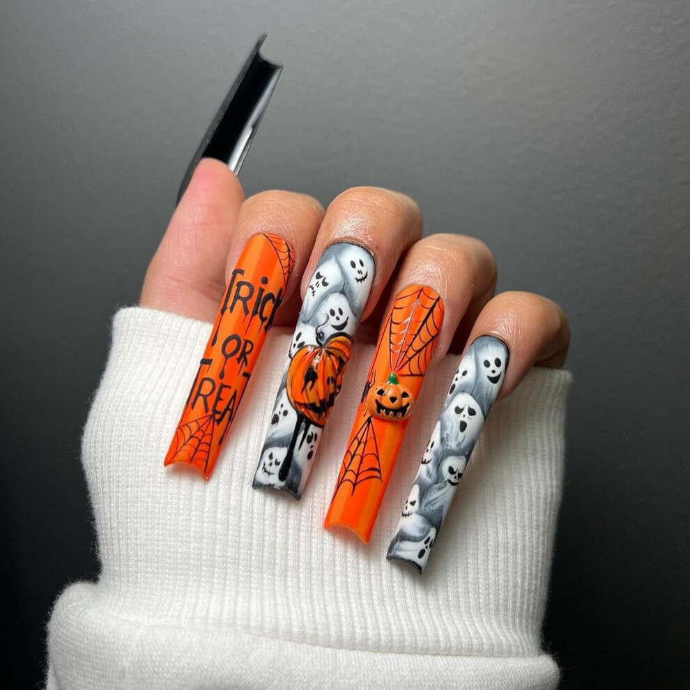 Halloween Press On Nails Long Coffin Fake Nails with Ghost Pumpkin Design Acrylic Set with Glue
