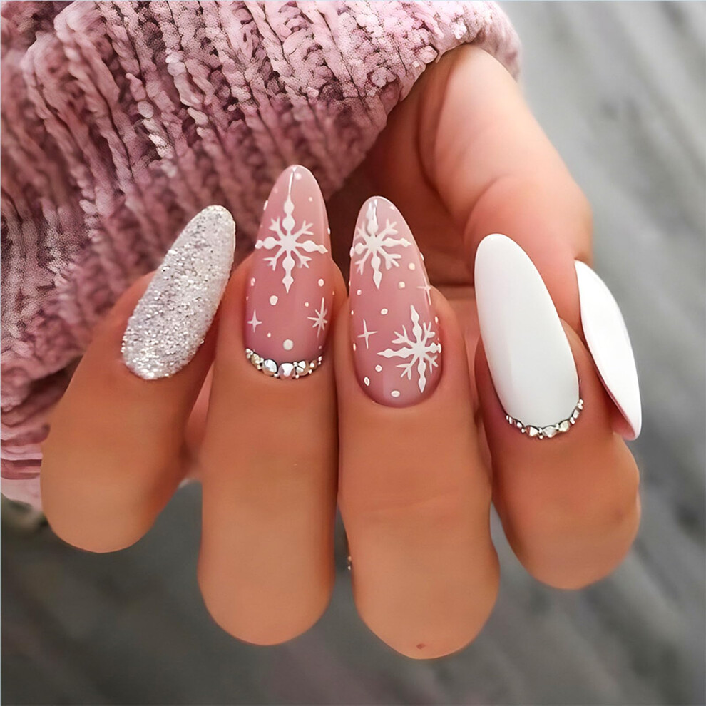 Pink Christmas Press On Nails Almond Shape Fake Nails With Snowflake Silver Glitter 24Pcs
