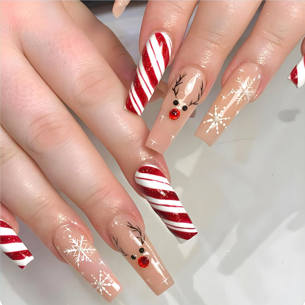 Red,Cream Christmas Press On Nails Coffin Shape With Snowflake Elk Design, Red Nude Full Cover Fake Nails 24Pcs