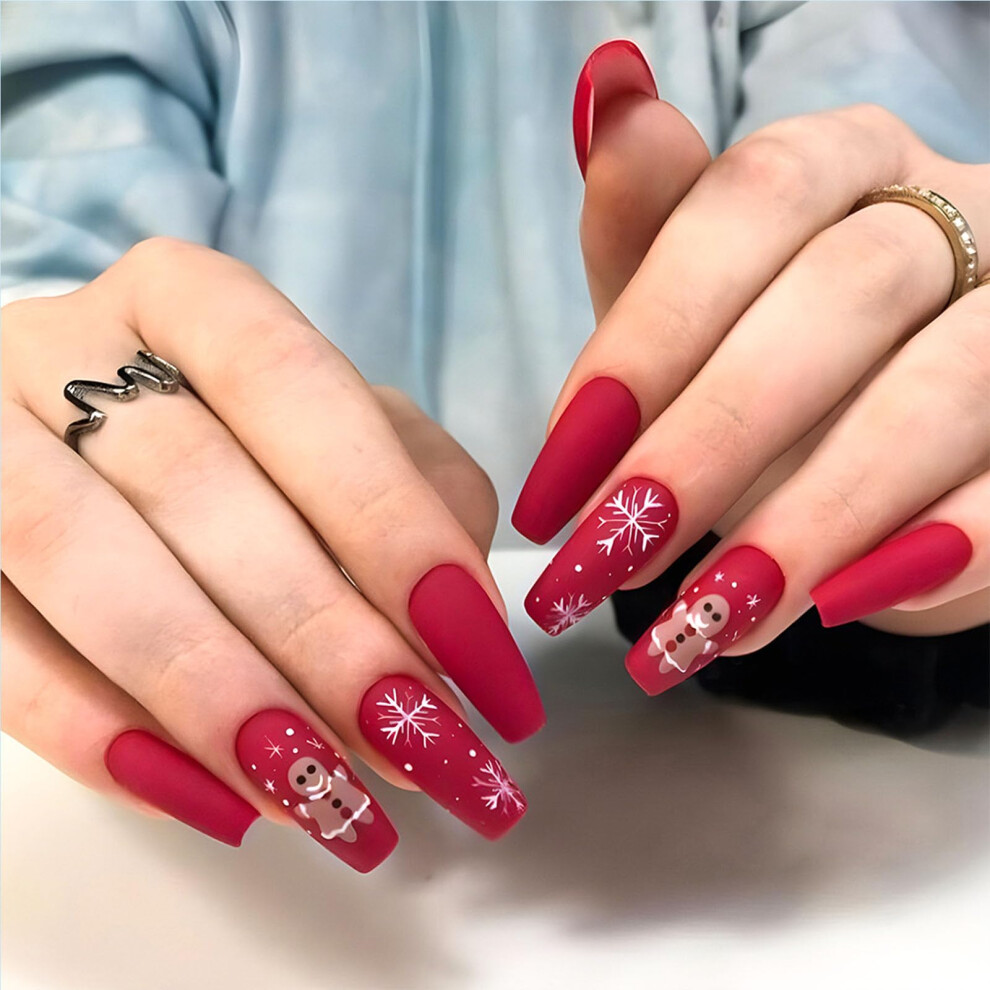Red Christmas Press On Nails Coffin Fake Nails With Snowflake Snowman Design Medium 24Pcs