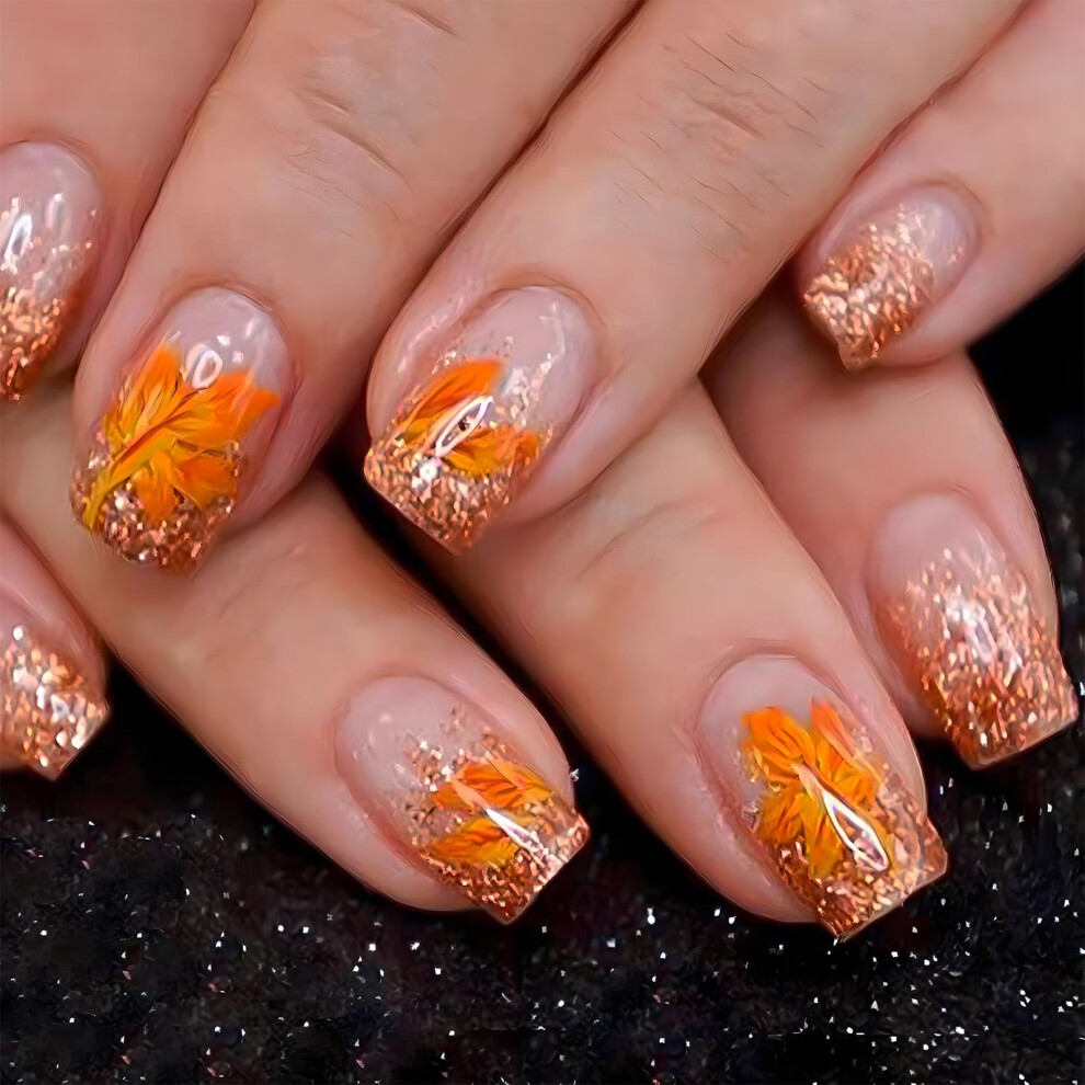 Orange Fall French Tip Press On Nails With Maple Leaf Glitter Short Square Fake Nails For Thanksgiving 24Pcs