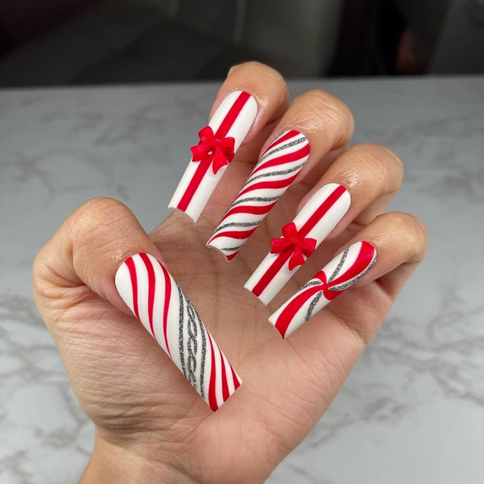 Christmas Coffin Press On Nails with Bow Charms, Red Stripe Winter Fake Nails for Women, 24 Pcs