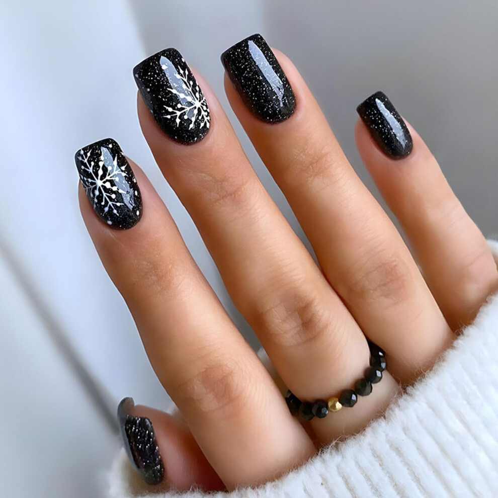 Black Short Square Press On Nails Christmas Snowflake Glitter Fake Nails Winter Manicure Set 24Pcs