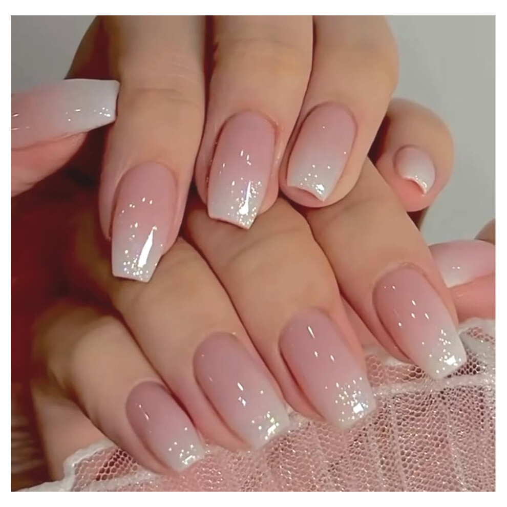 Pink French Tip Press On Nails With Glitter Ombre, Long Coffin Reusable Fake Nails Set Of 30