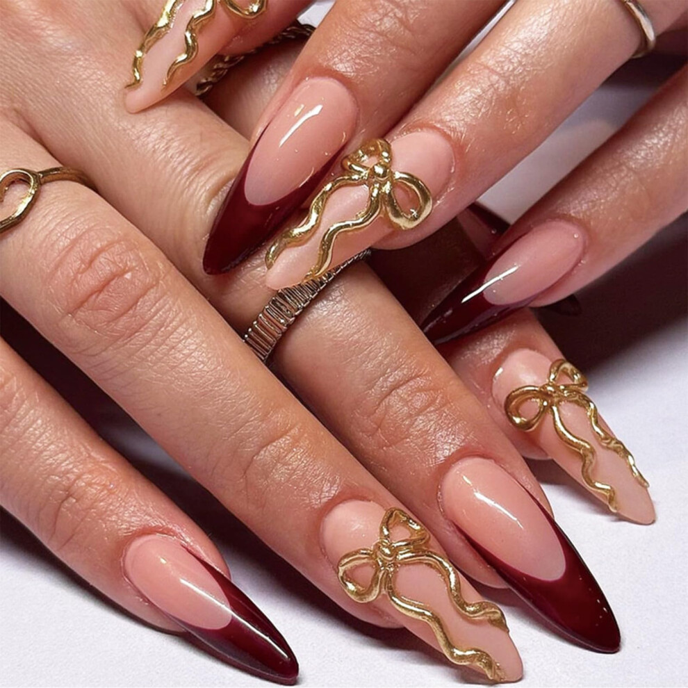 Red Long Stiletto Press On Nails Wine French Tip Fake Nails Glossy Glue On Nails Set 24Pcs