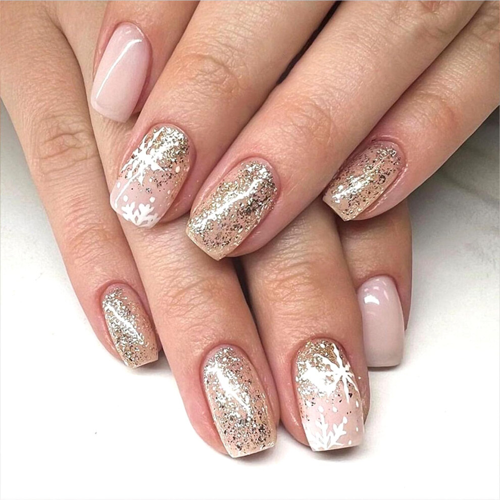 Christmas Press On Nails Set with Glue, Snowflake Glitter Fake Nails for Women, 24Pcs Medium
