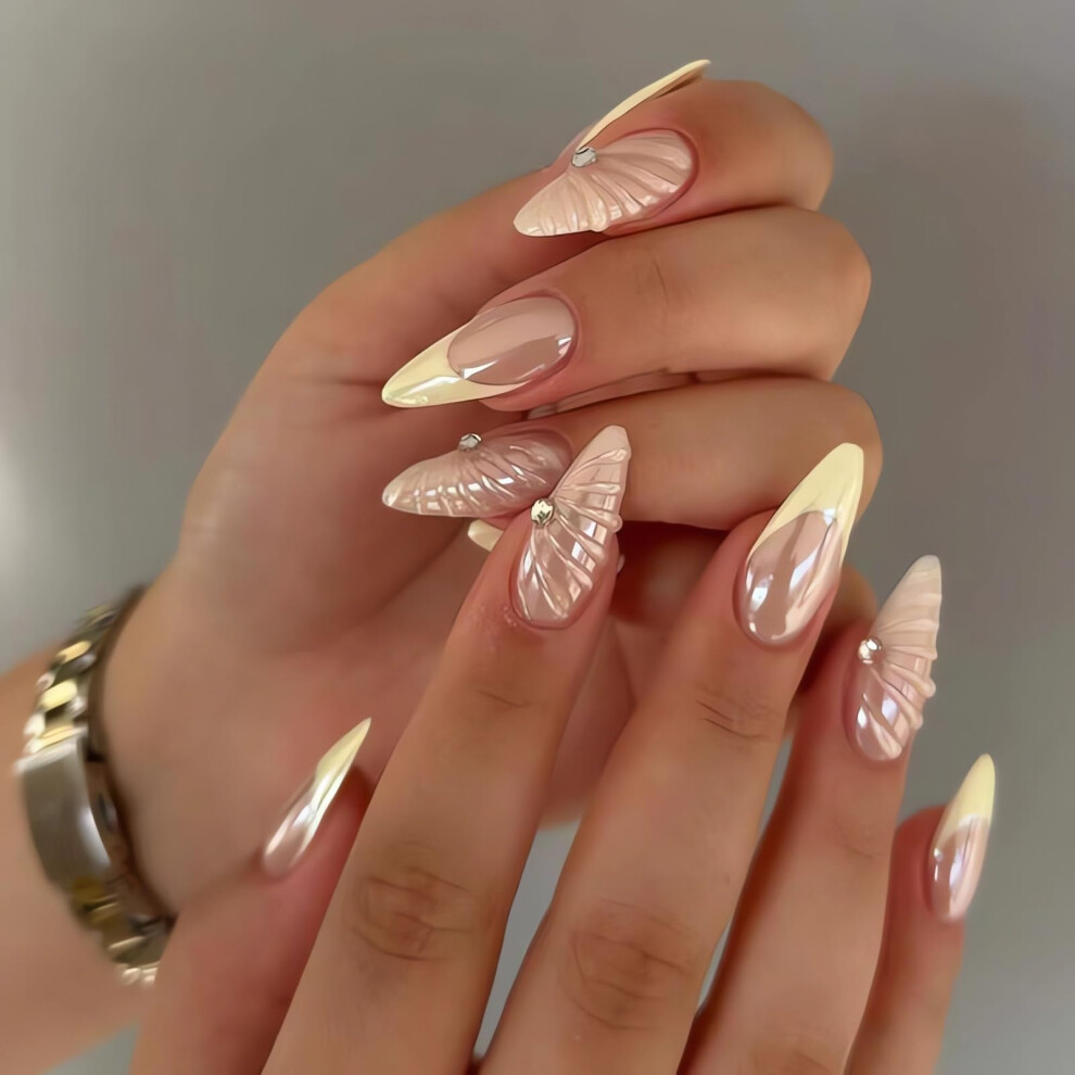 Yellow Medium Almond Chrome Press On Nails With Rhinestones Ombre Acrylic Glue On For Women