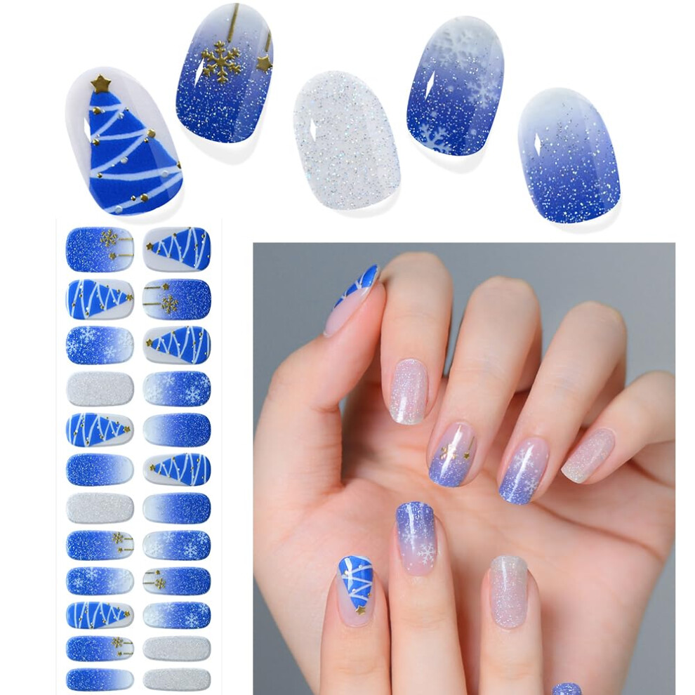 Blue Semi Cured Christmas Gel Nail Stickers With Winter Glitter Snowflake Design, Long Lasting Uv Wraps 20Pcs