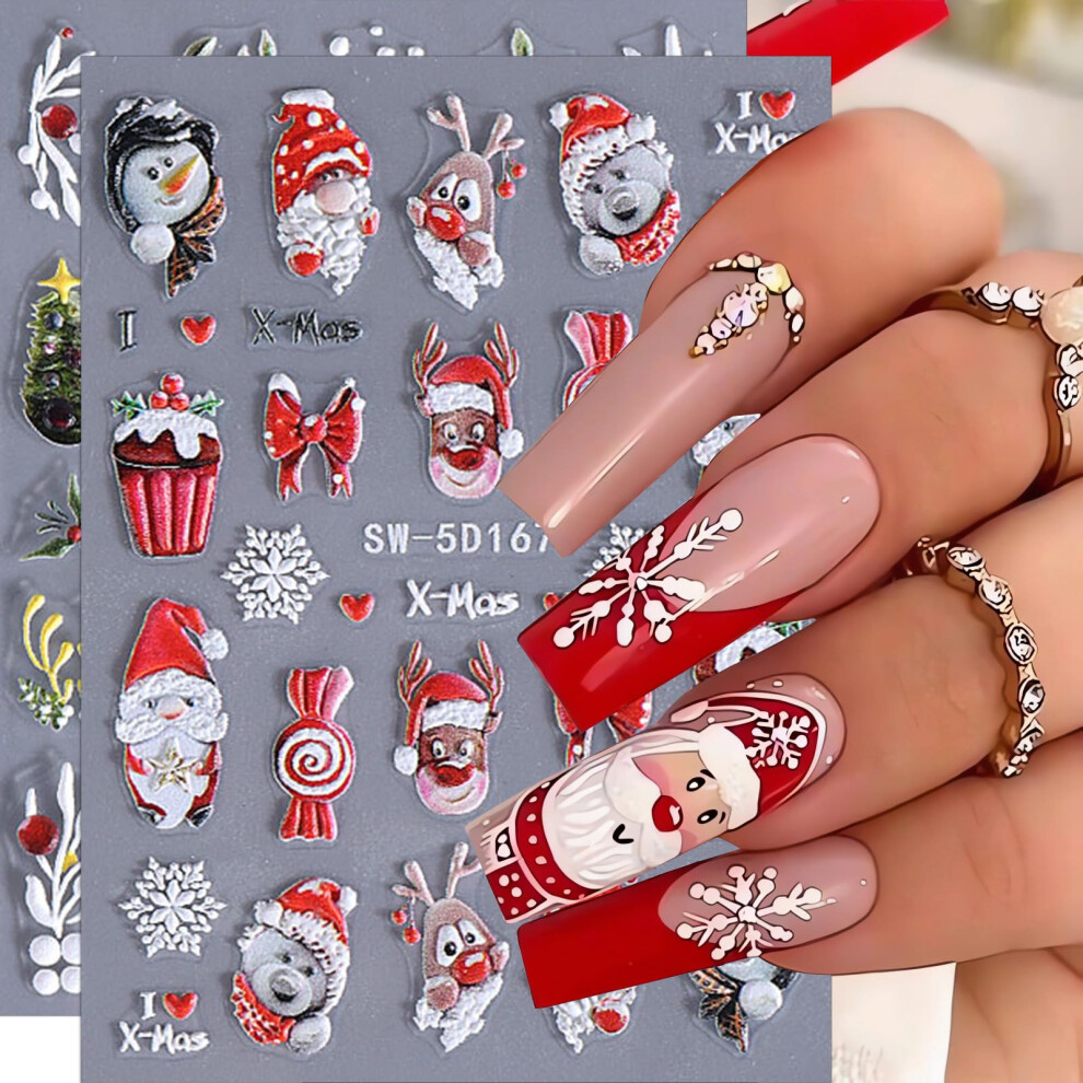 Christmas Nail Stickers 5D Embossed SelfAdhesive Snowman Santa Claus Nail Art Decals 2PCS