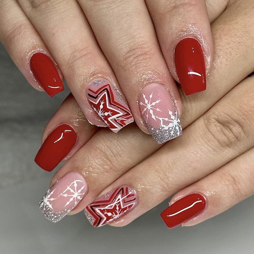 Red Christmas Press On Nails Short Square Snowflake Glitter French Tips, 24Pcs False Nails Set