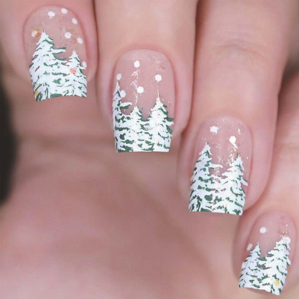 Christmas Press On Nails Set with Glitter Christmas Tree Design, Nude Square Fake Nails 24Pcs